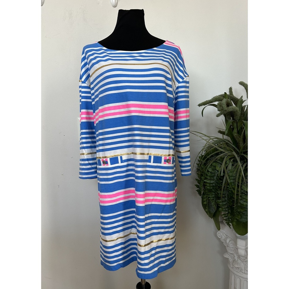 NWT Lilly Pulitzer Lena Lapis Blue Tiki Stripe Lapis Pink Gold Dress Sz XL $158